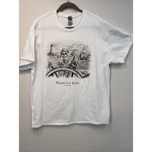 Skeleton Pirate Graphic Tee XL White Panama City Beach FL Gildan Cotton